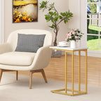 Function Home C Shaped End Table, Small Side Tables for Sofa Bed, Couch Tables That Slide Under, Drink Snack Table for Living Room Bedroom Small Space, White Wood Top and Gold Metal Frame