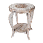 Wooden End Table for Living Room - 18x22 Burnt Finish Carved Side Table, Single Pillar Nightstand, Bedside Table for Books, Plants, Magazines, Small Space Accent Table