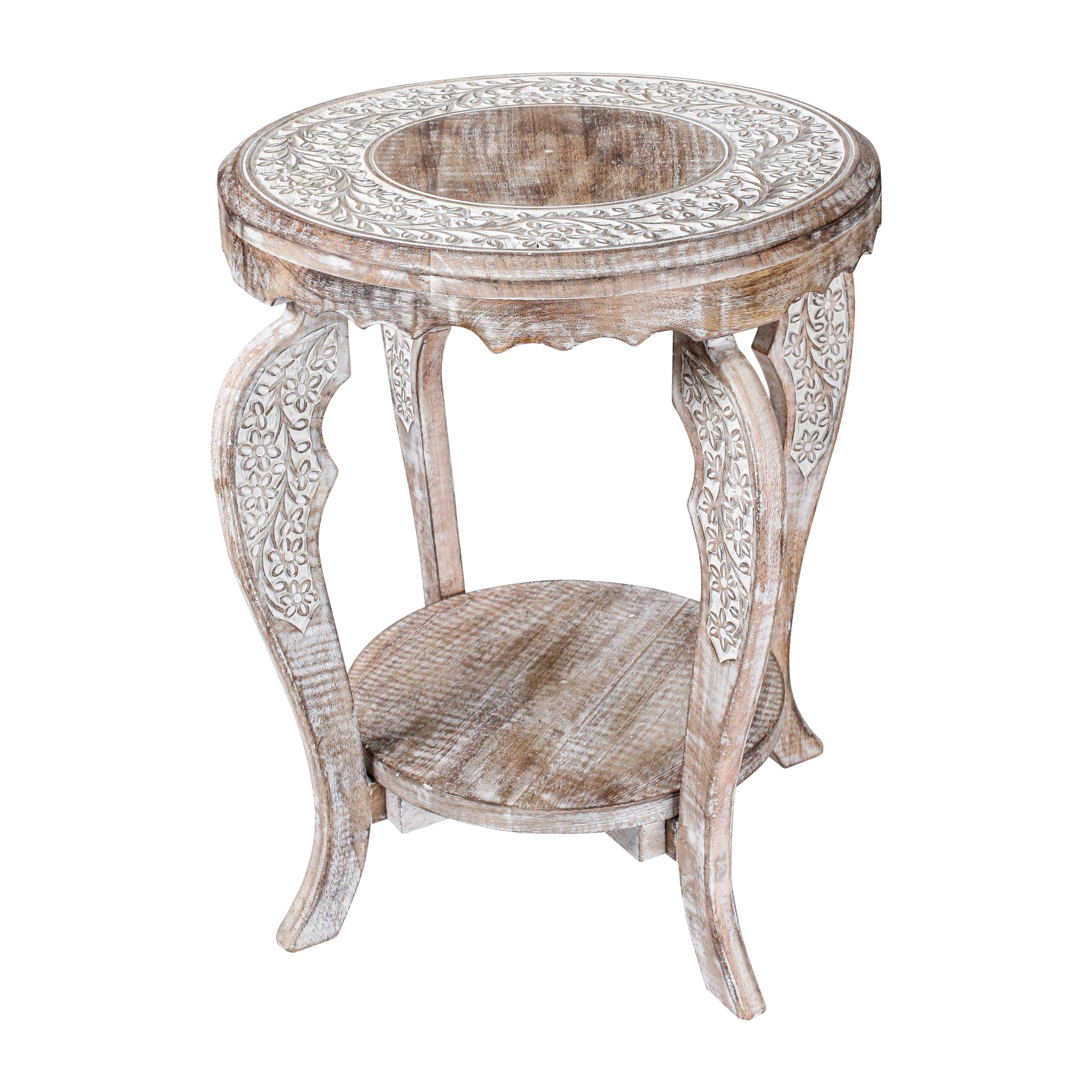 Wooden End Table for Living Room - 18x22 Burnt Finish Carved Side Table, Single Pillar Nightstand, Bedside Table for Books, Plants, Magazines, Small Space Accent Table