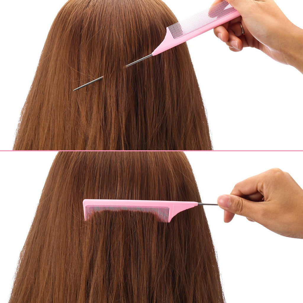 3 pakker rottehale kam stål nål rottehale kulfiber varmebestandige tease kamme med rustfrit stål rottehale (pink)