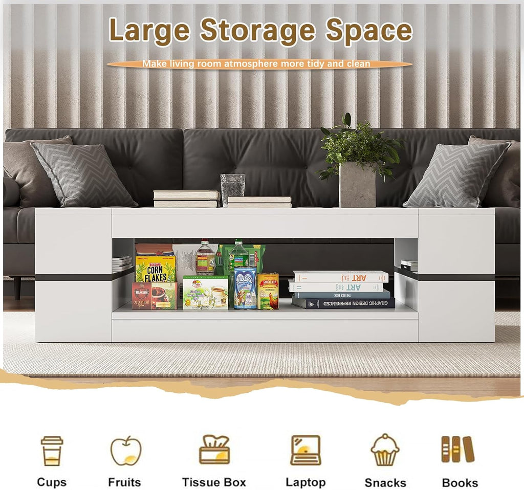 47.2" Modern Stylish Coffee Table with Glass Table Top, Large Living Room Table Rectangular 2-Tier Center Tables with Storage, Wooden Tea Tables for Dining Reception Room, White