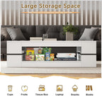 47.2" Modern Stylish Coffee Table with Glass Table Top, Large Living Room Table Rectangular 2-Tier Center Tables with Storage, Wooden Tea Tables for Dining Reception Room, White