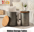 Poofzy Farmhouse End Tables Set of 2, Galvanized Metal Decor Side Table with Wood Lid, Coffee Table Storage Stool for Living Room (Grey)
