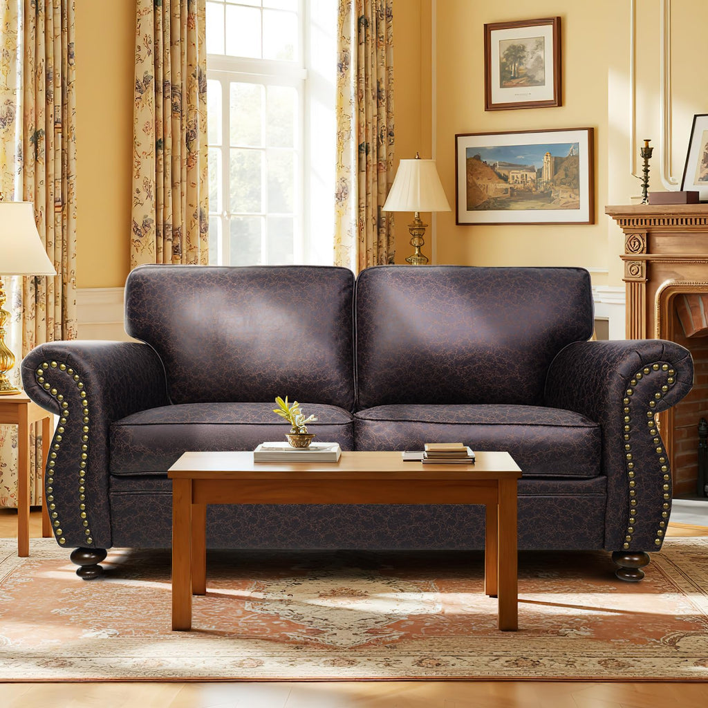 Mid-Century Vintage Sofa Couches with Rivet Design,loveseat Sofa,Removable Sofa Cover Upholstered Cushions and Solid Wood Frame (Grey, 3-Seater)