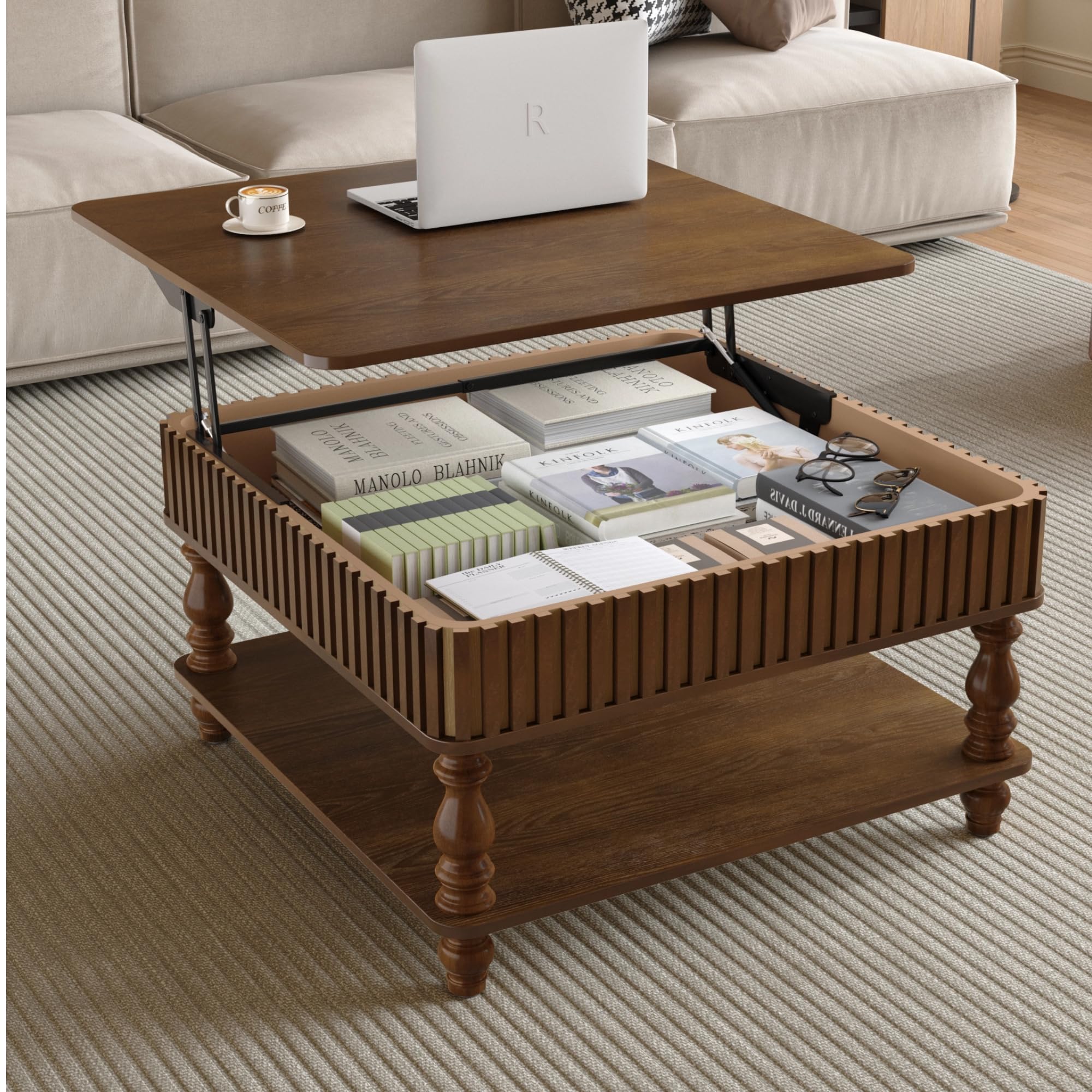 Lift Top Coffee Table with Storage for Living Room Mid Century Modern Coffee Table with Lifting Top Wood Fluted Coffee Tables with Lifts Up Tabletop for Home Apartment Office 38.6" Walnut Rectangle