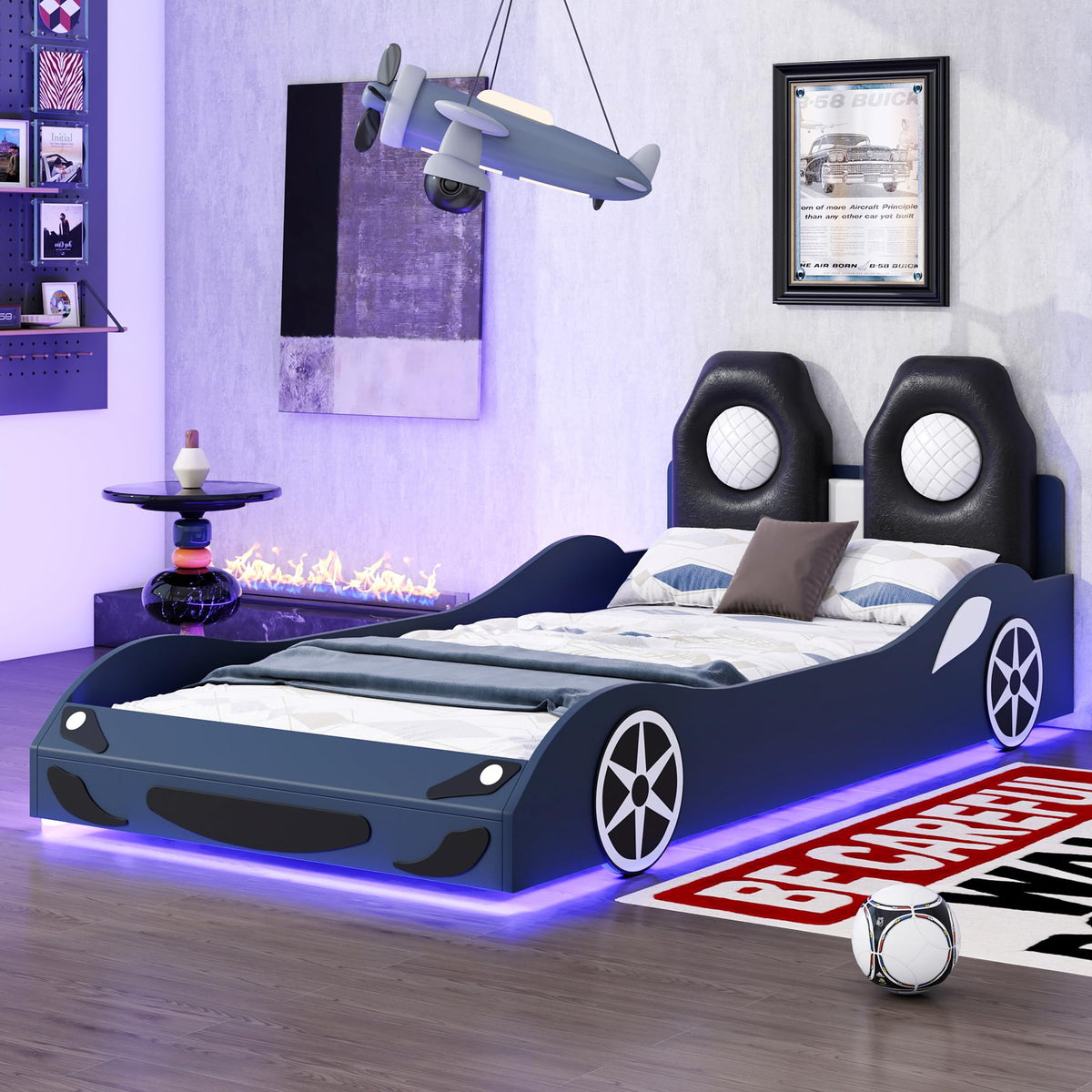 Harper & Bright Designs Twin Size Race Car Seng med LED og Polstret Ryglæn, PU Bilformet Platformsseng med Hjul, Trælisteunderstøttelse, Ingen Boksmadras Nødvendig, Blå