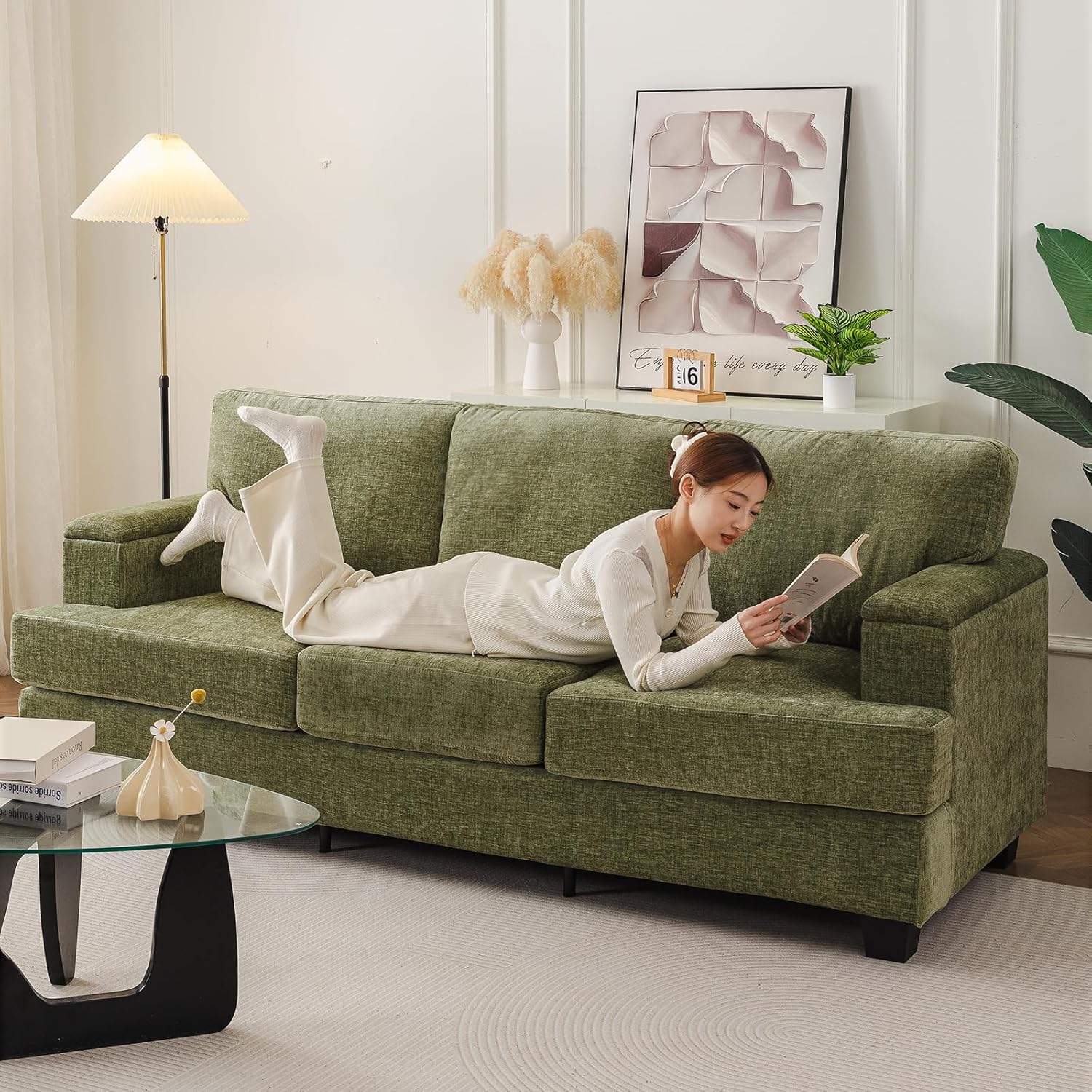 85'' L Shaped Couch with Armrest Organizer,Comfy 3 Seats Sofa with Thick Cushion,Chenille Sectional Couches for Living Room,Bedroom,Apartment,Sofa Set with Oversized Chair,Home Furniture,Green