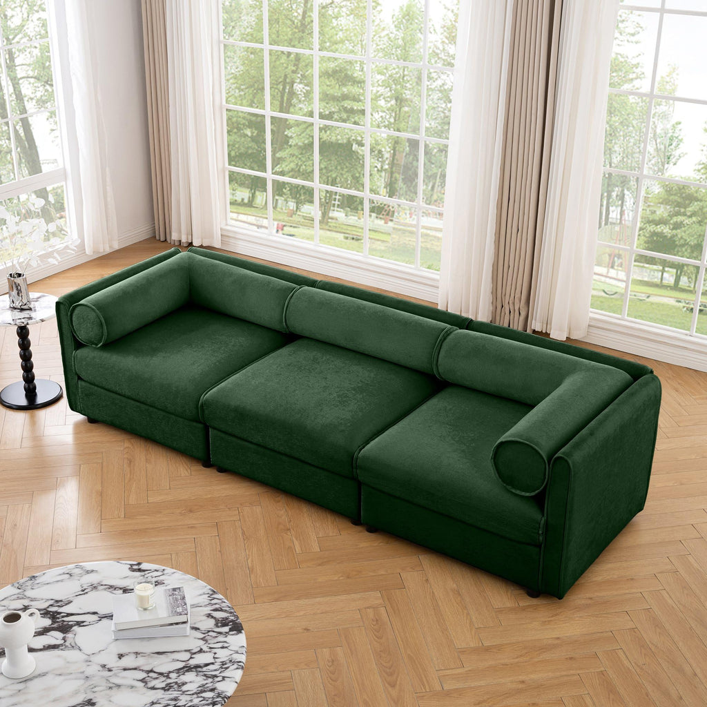 Large Sectional Couches for Living Room, Corner Couch with Storage Chenille Sectional Sofa, Cylindrical Backrest and Armrests 6 Seats,Green