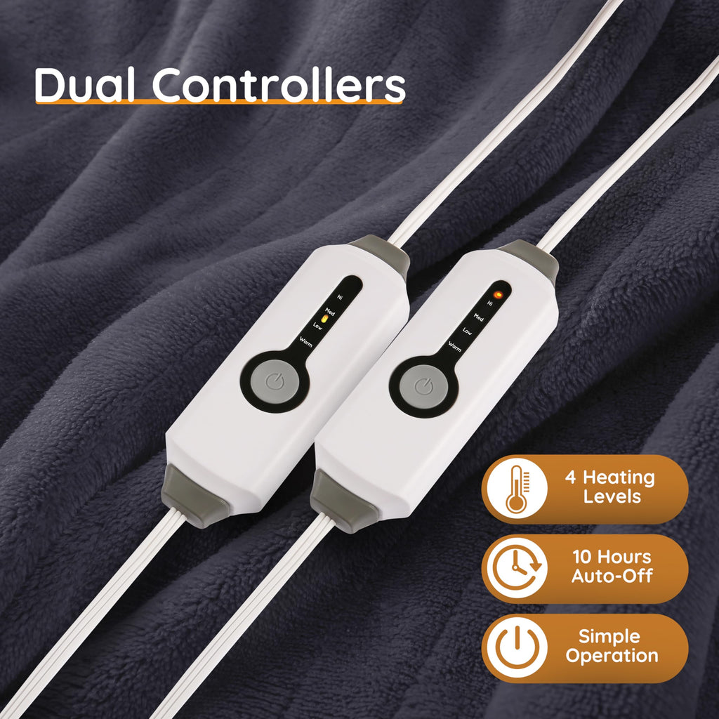 Couverture chauffante électrique DUODUO 72"x84" en polaire corail chaude avec 4 réglages de chaleur et arrêt automatique de 10 heures Protection contre la surchauffe - Gris 
