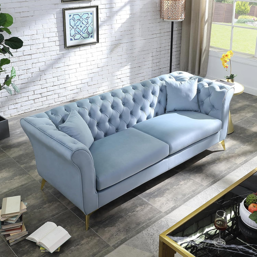 Chesterfield Sofa Couch, 87" Blue Modern Couch with Deep Seats, Velvet Fabric Comfy Sofas, Mid-Century 3 Seater Couch with Wide Armrest, Couches for Living Room, Bedroom and Office