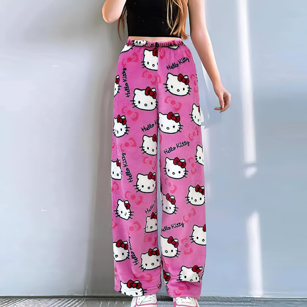 Cute Cartoon Pajama Pants for Women, Kawaii Anime Cat Pjs Christmas Pajama Pants Fluffy Flannel Sleep Bottoms