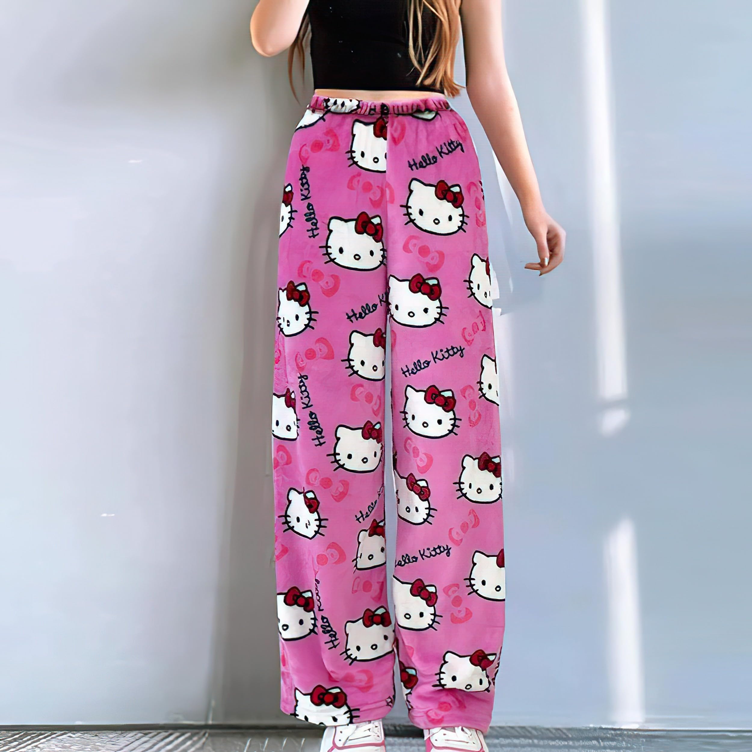 Cute Cartoon Pajama Pants for Women, Kawaii Anime Cat Pjs Christmas Pajama Pants Fluffy Flannel Sleep Bottoms