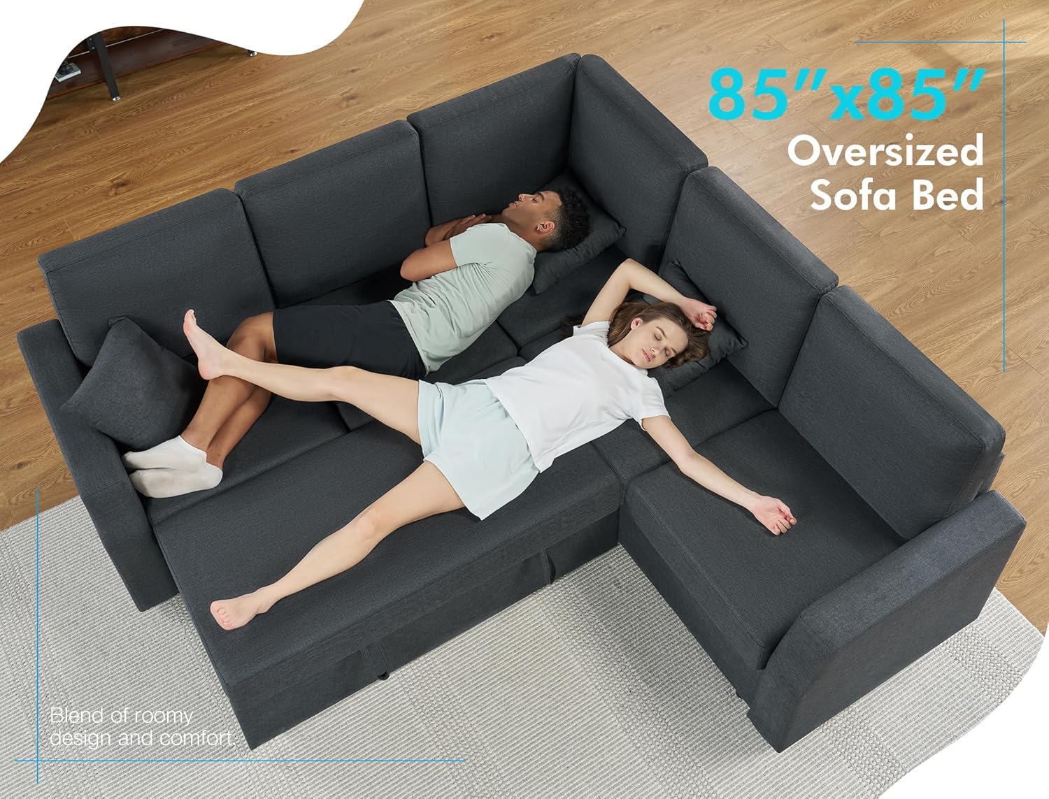 VanAcc Sofa Bed, 85 Inch Sleeper Couch with Storage Seat, L Shaped Sofa with Pull Out Sofa Bed, Sectional Couches for Living Room Apartment, Grey Linen Couch Sofa