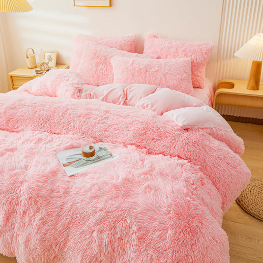 Fluffy Pink Faux Fur Comforter Cover Set，Fluffy Fuzzy Plush Pink Bedding 3Pcs (1 Faux Fur Duvet Cover +2 Fuzzy Pillowcases) Pink Fluffy Bed Set (Pink, Queen)