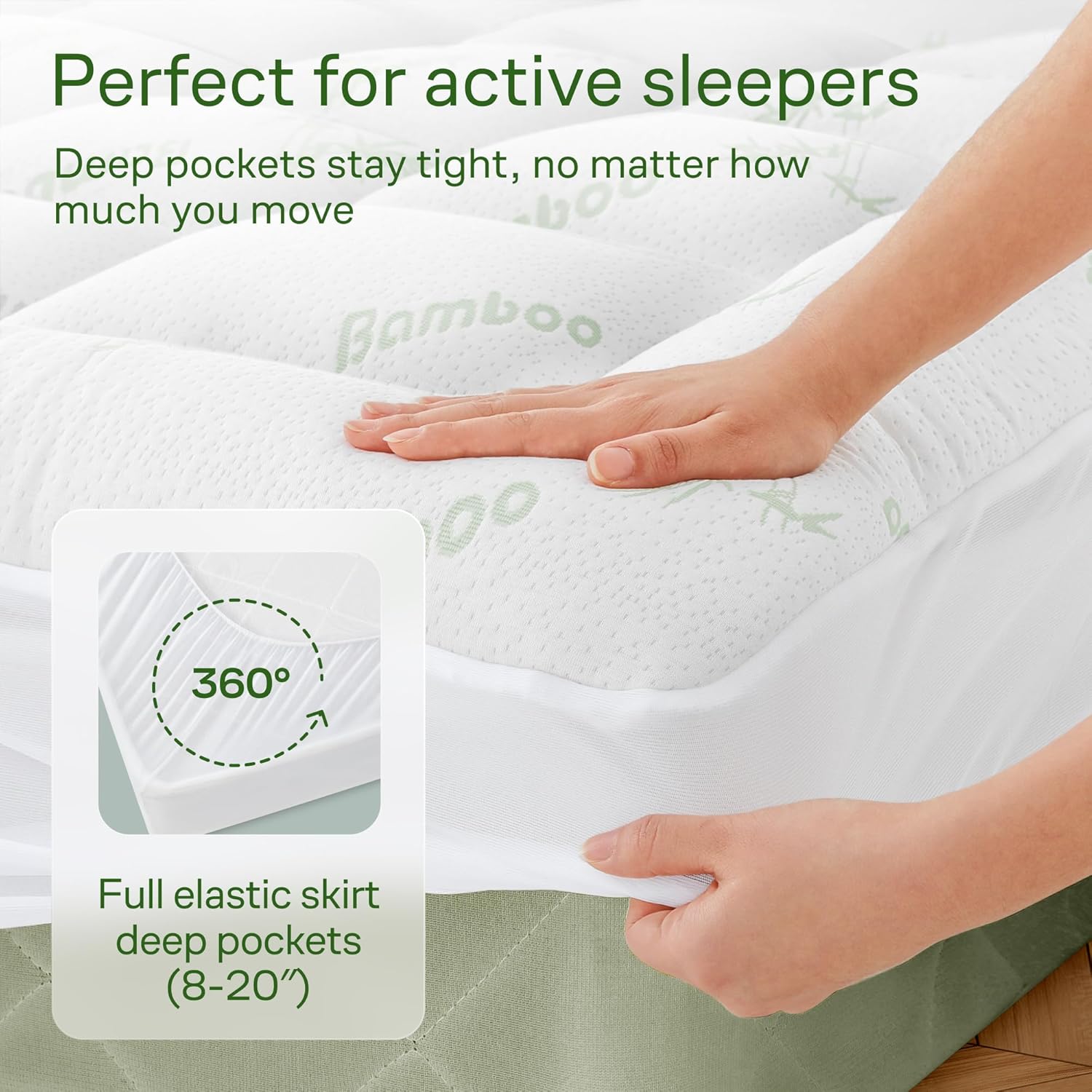 Niagara Sleep Solution Ultra Soft Queen Size Mattress Topper - Viscose Made from Bamboo Pillow Top Mattress Pad for Back Pain Relief - Naturally Cooling for Hot Sleepers, Green