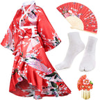 Women's Kimono Robe Geisha Yukata Sweet Tuxedo Ruffle Dress Blossom Satin Bathrobe Sleepwear Fans Tabi Socks Set