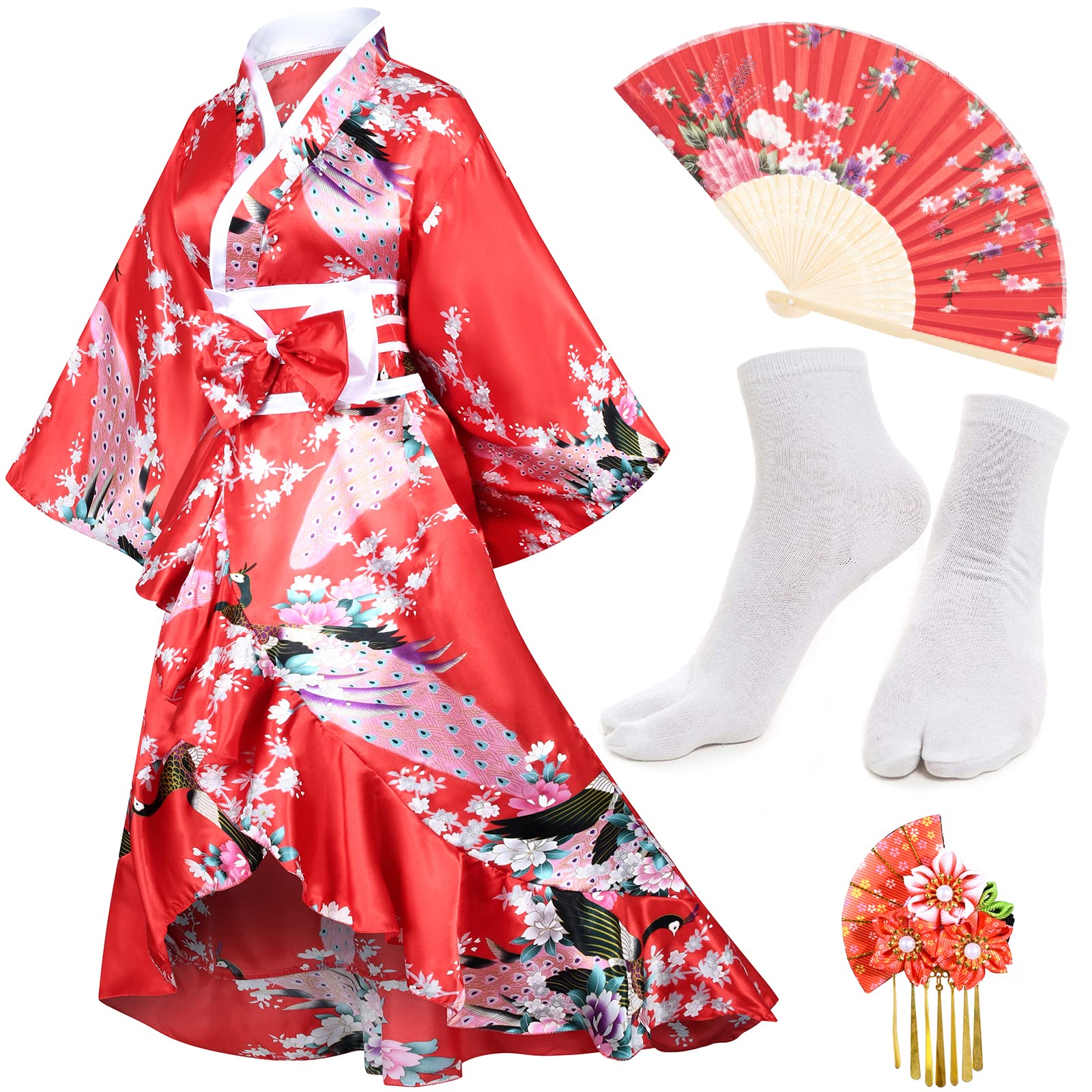 Women's Kimono Robe Geisha Yukata Sweet Tuxedo Ruffle Dress Blossom Satin Bathrobe Sleepwear Fans Tabi Socks Set