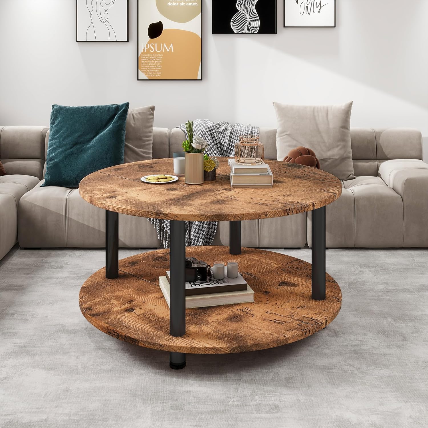 23.6" Round Coffee Table, 2-Tier Small Circle Coffee Table with Storage, Modern Center Accent Table with Metal Frame, Side Table End Table for Small Space, Living Room, Office, Rustic Brown