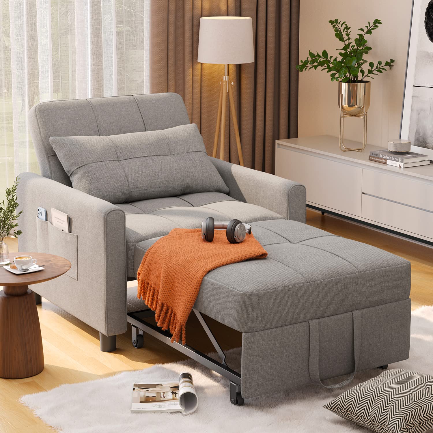 Noelse Convertible Futon Sofa Bed, 3-in-1 Multi-Functional Sleeper Chair Bed, Adjustable Backrest Recliner with Modern Linen Fabric for Living Room Bedroom Apartment Small Space, Dark Grey