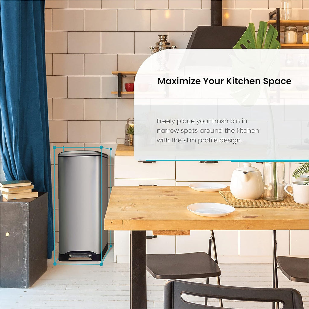 Home Zone Living 13 Gallon Slim Kitchen Trash Can with Dual Compartments for Trash and Recycling, Soft Close Lid, Step Pedal, Stainless Steel, Silver, Gen 1