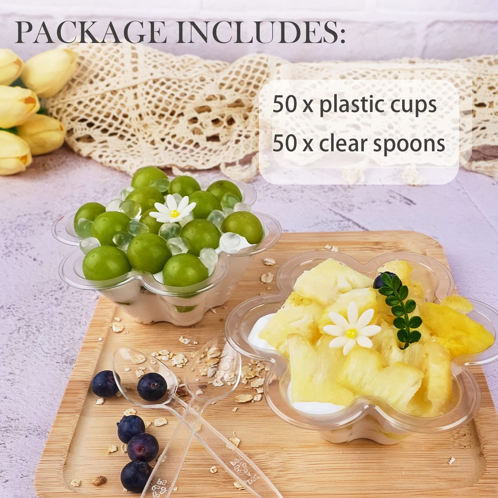 50 Stück 8oz klare Plastik-Dessertbecher mit Löffeln, Einweg-Blumenförmige Eisschalen, Party-Sundae-Servierschalen für Eis, Nüsse und Salat, Trifle-Verkostungsbehälter
