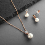 Mariell Pearl Wedding Necklace Earrings Set with CZ Crystal, Rose Gold Jewelry for Brides, Mother's Day