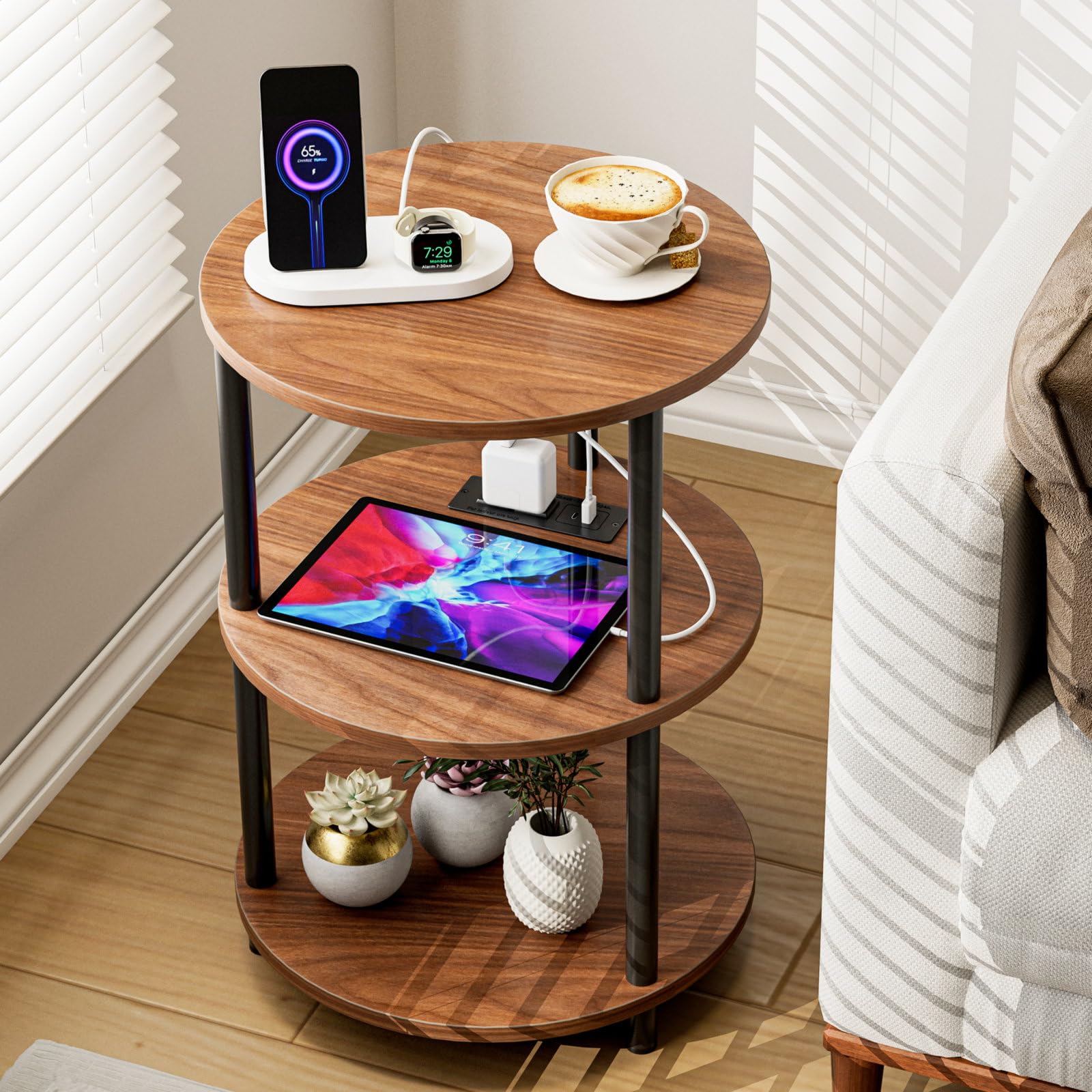 Small Round End Table - 3 Tier Design Accent Table, Narrow Side or Bedside Stand, Industrial Vintage Nightstand for Bedroom, Living Room, or Small Spaces, Rustic Brown