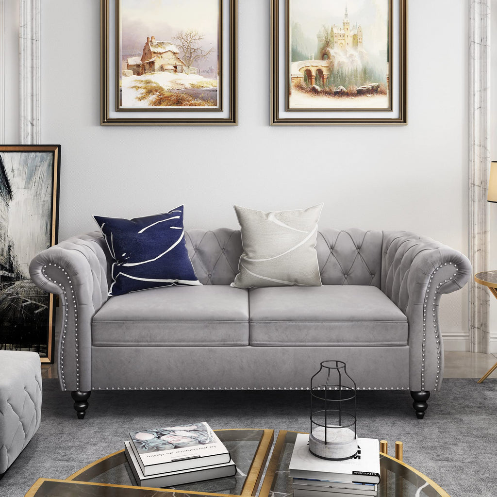 Chesterfield Sofa Velvet, Modern Tufted Couch 3 Seater with Rolled Arms and Nailhead for Living Room, Bedroom, Office, Apartment (Mango)