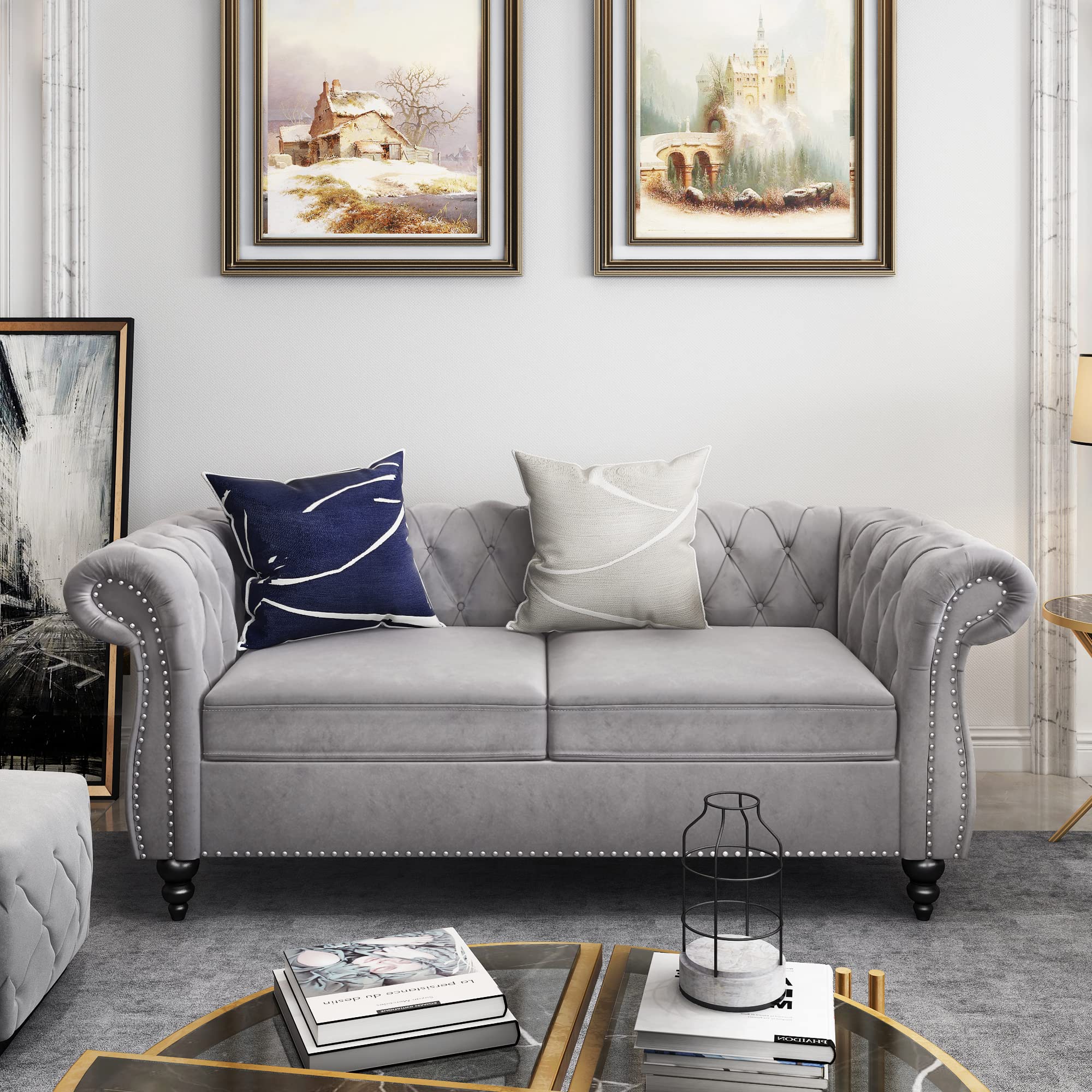 Chesterfield Sofa Velvet, Modern Tufted Couch 3 Seater with Rolled Arms and Nailhead for Living Room, Bedroom, Office, Apartment (Mango)