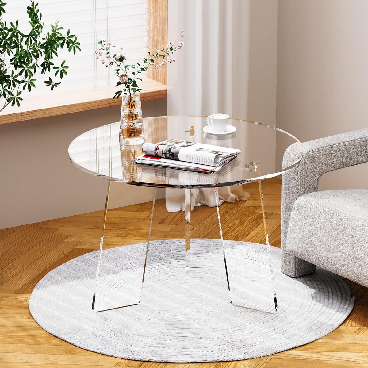 Acrylic Coffee Table Round, Clear Circle Modern Lucite Side Table Legs for Living Room, Bedroom, Office (Clear, 23.6“ × 15.7”)