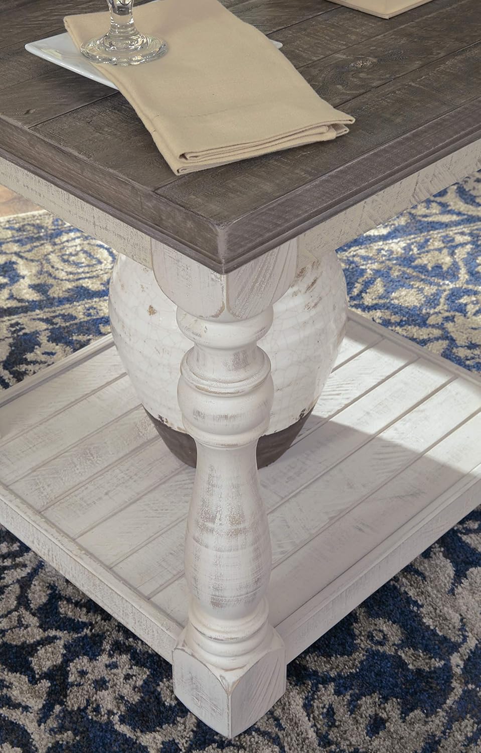 Signature Design by Ashley Havalance Farmhouse Square End Table with Floor Shelf, Vintage Gray & White with Weathered Finish