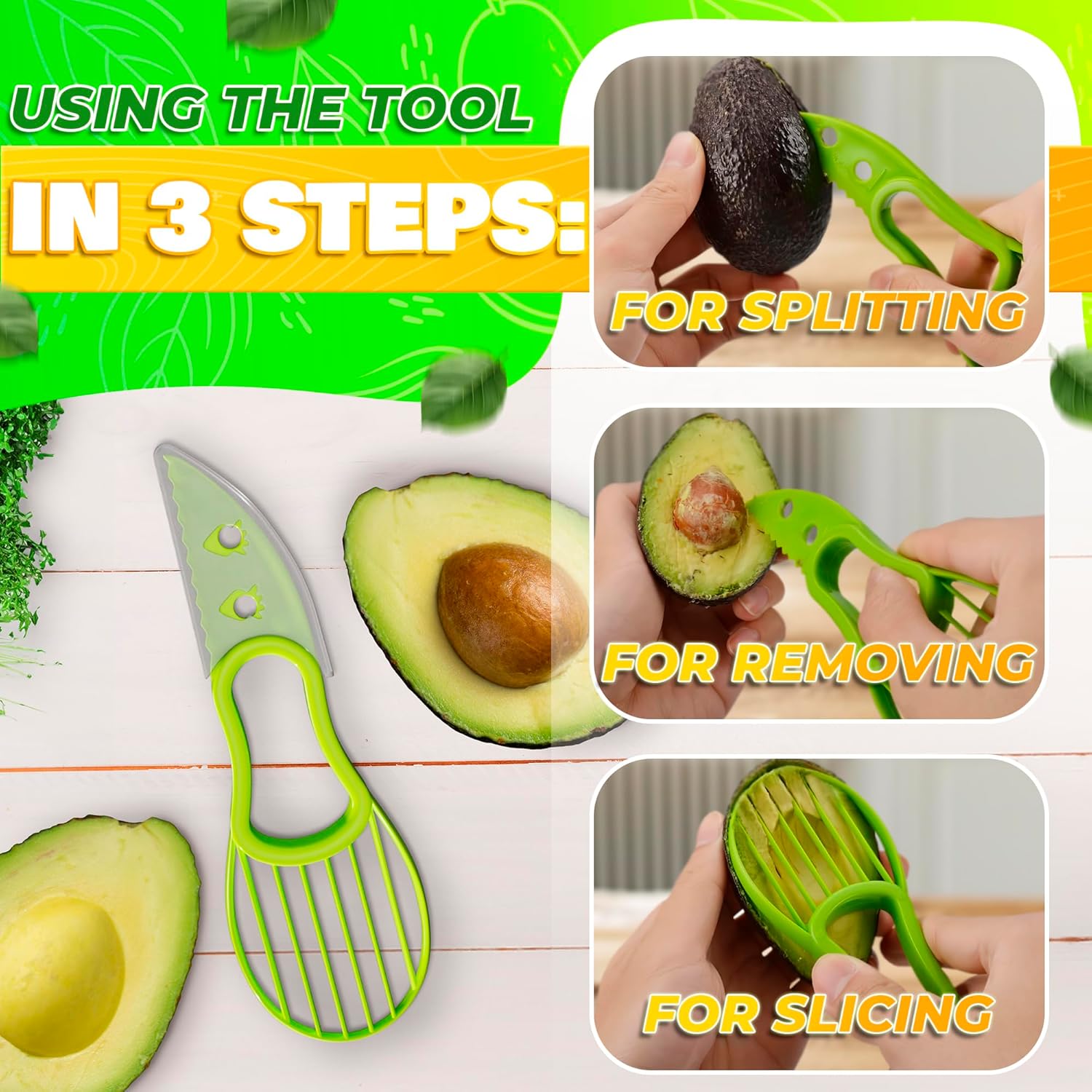 Avocado Slicer Tool 3 in 1 – Food-Grade Plastic Cutter, Peeler & Pit Remover for Easy Slicing, Scooping & Quick Food Prep – Easy to Use Avocado Peeler Tool | Durable Ergonomic Design Kitchen Gadget