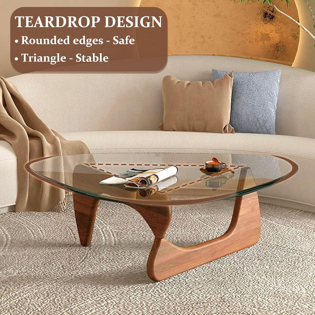 Coffee Tables for Living Room - Triangle Glass Coffee Table with Wooden Base Mid-Century Modern Abstract End Table for Study Room Office Hotel Balcony (Walnut Transparent, Small 32.2 * 22.4 * 16in)