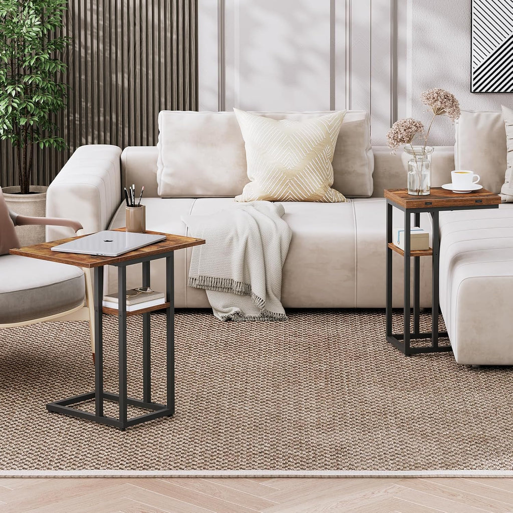 HOOBRO Foldable End Table, C Shaped Side Table with Storage Shelf, Small Snack Table Suitable for Living Room Bedroom Small Spaces, Easy Assembly, Rustic Brown BF29SF01