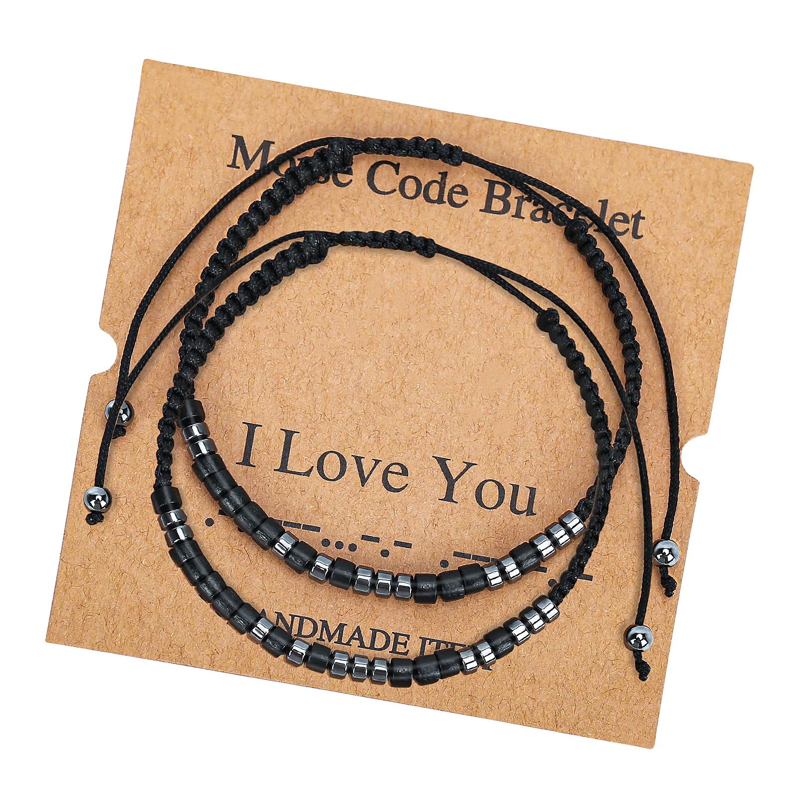 KDQUEERY 2 PCS Bracelets en code Morse pour femmes et hommes, bracelets réglables "Je t'aime" assortis, cadeaux pour couples, maman, fille, meilleure amie, bracelets inspirants avec perles d'hématite noire