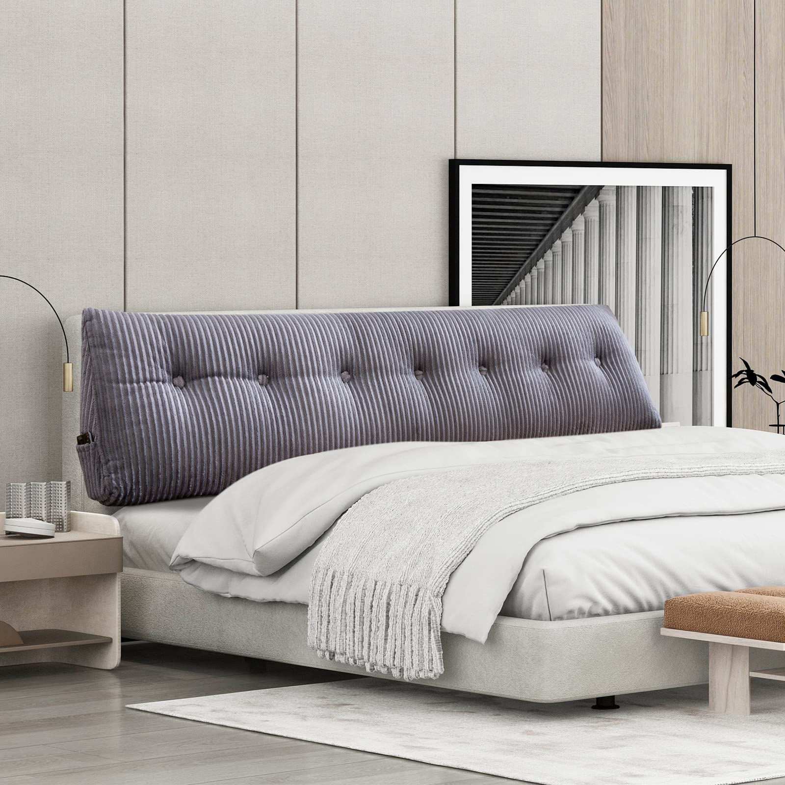 بالشتک گوه‌ای بزرگ برای تکیه‌گاه تخت، بالشت مطالعه، بالشت استوانه‌ای مثلثی برای نشستن در تخت - پشتیبانی موقعیت پشتی، بالشت بلند برای تخت روزانه (کویین: 59x8x20 اینچ، خاکستری)