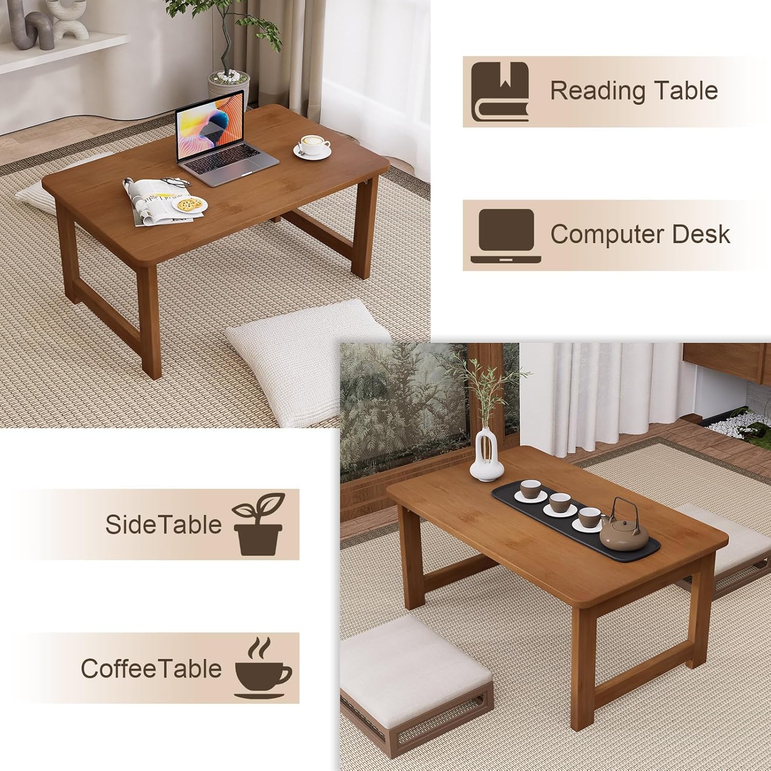 Floor Coffee Table for Living Room, Japanese Folding Low Dining Table, No Assembly Foldable Tatami Tea Table - Natural Solid Wood Bamboo, Rectangle Ground Desk for Small Spaces (Walnut)
