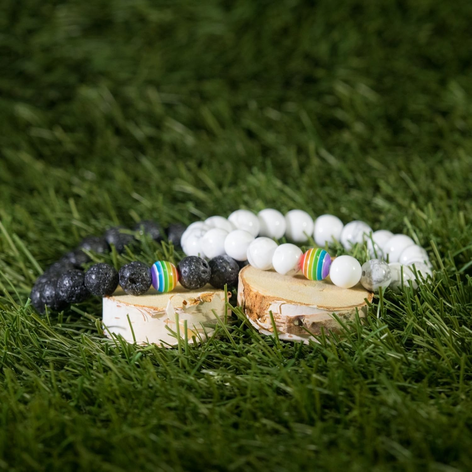 LGBT Relationship Bracelet | 2 Pieces | White Howlite, Black Matte Agate, Rainbow Resin | Oil Diffuser Beads | Gay Couples Strong Cord | Handmade | Love is Colorful