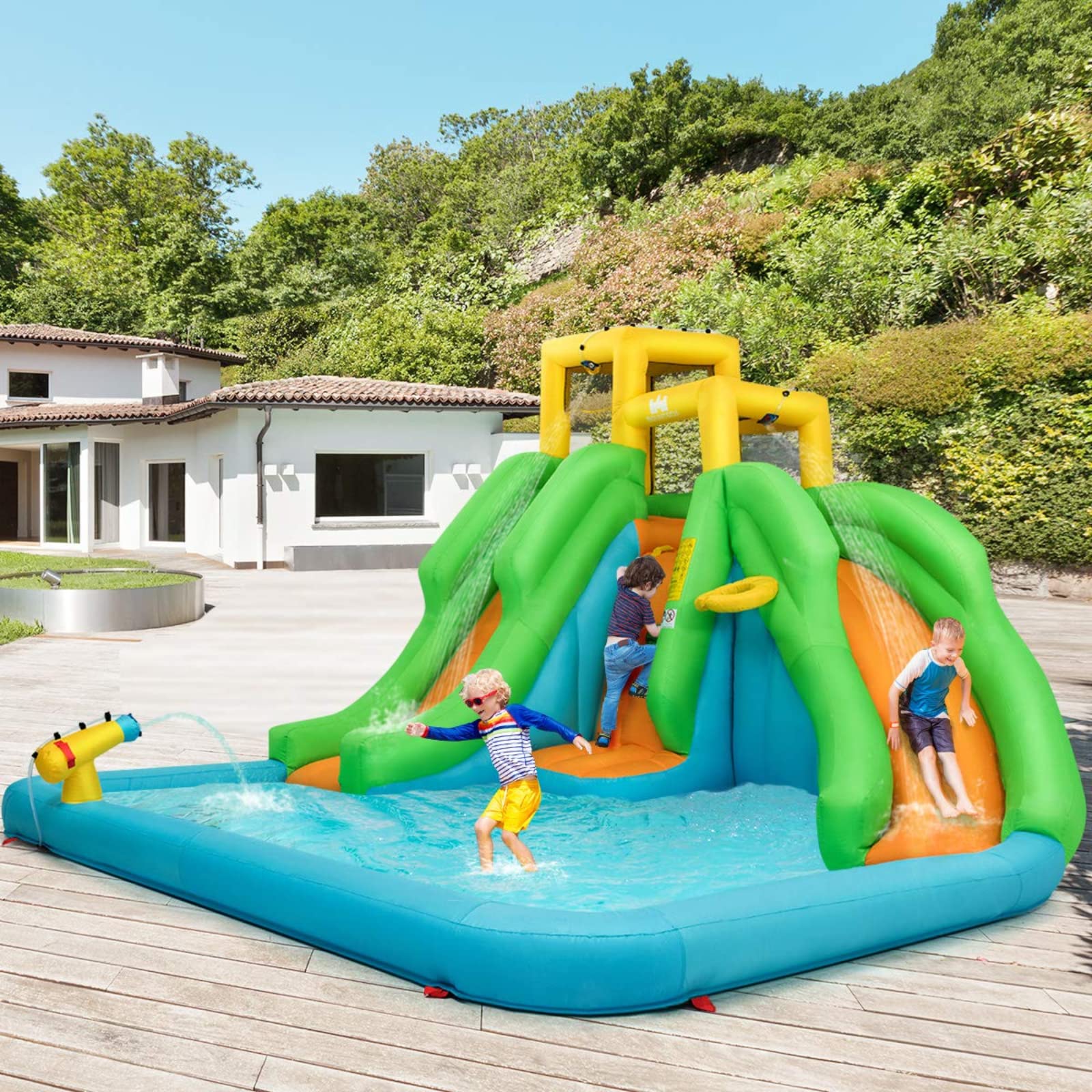 BOUNTECH Inflatable Water Slide, 6 in 1 Giant Water Park for Outdoor with Dual Slides for Racing Fun, Climbing Wall, Blow up Water Slides Inflatables for Kids Backyard Party Gifts (Without Blower)