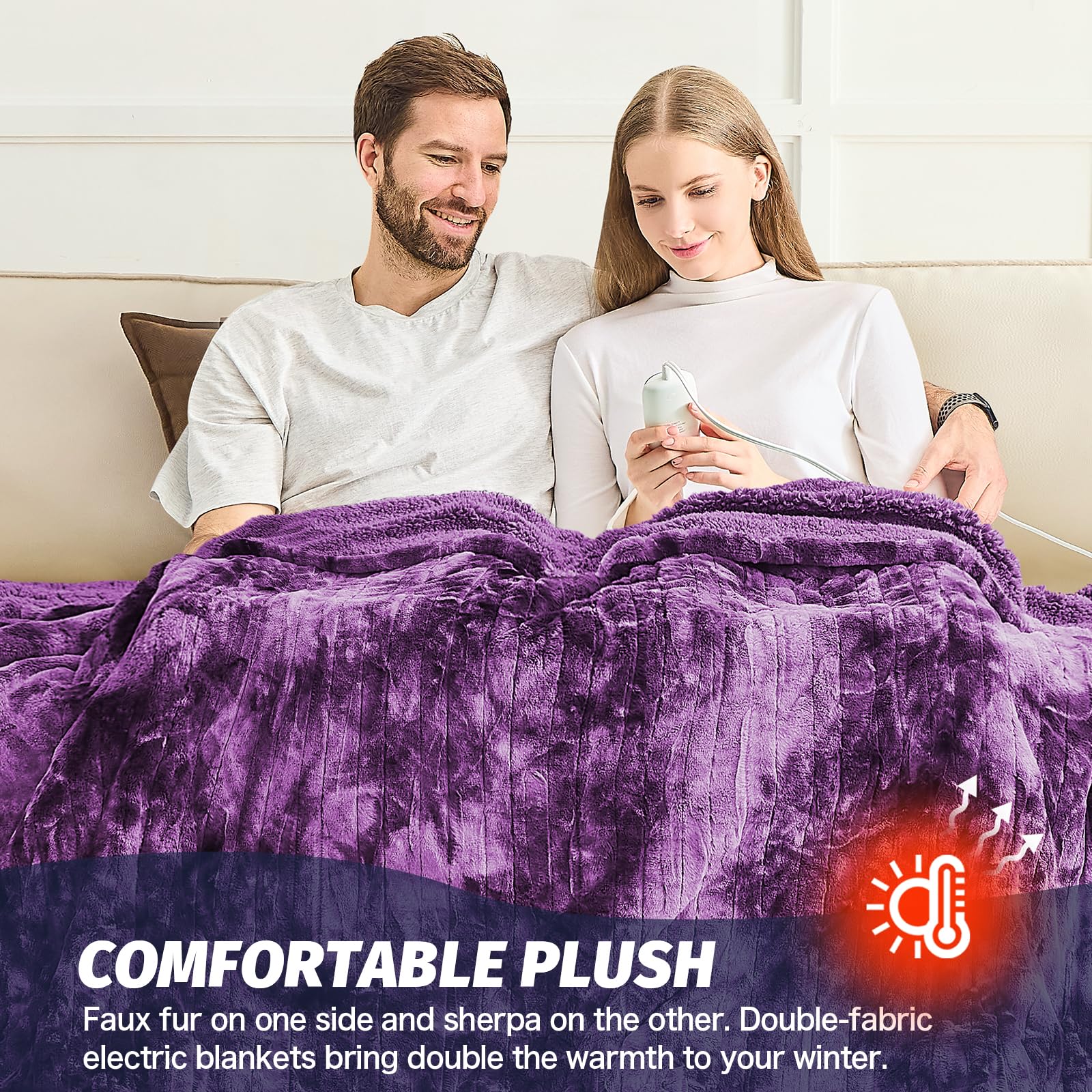Manta Elétrica Aquecida OCTROT - Manta de Aquecimento em Sherpa de Lã para Sofá, Manta de Aquecimento de Pelo Sintético para Colo com Temporizador de 5 Posições e 10 Níveis de Aquecimento, Certificação ETL&FCC, para Adultos