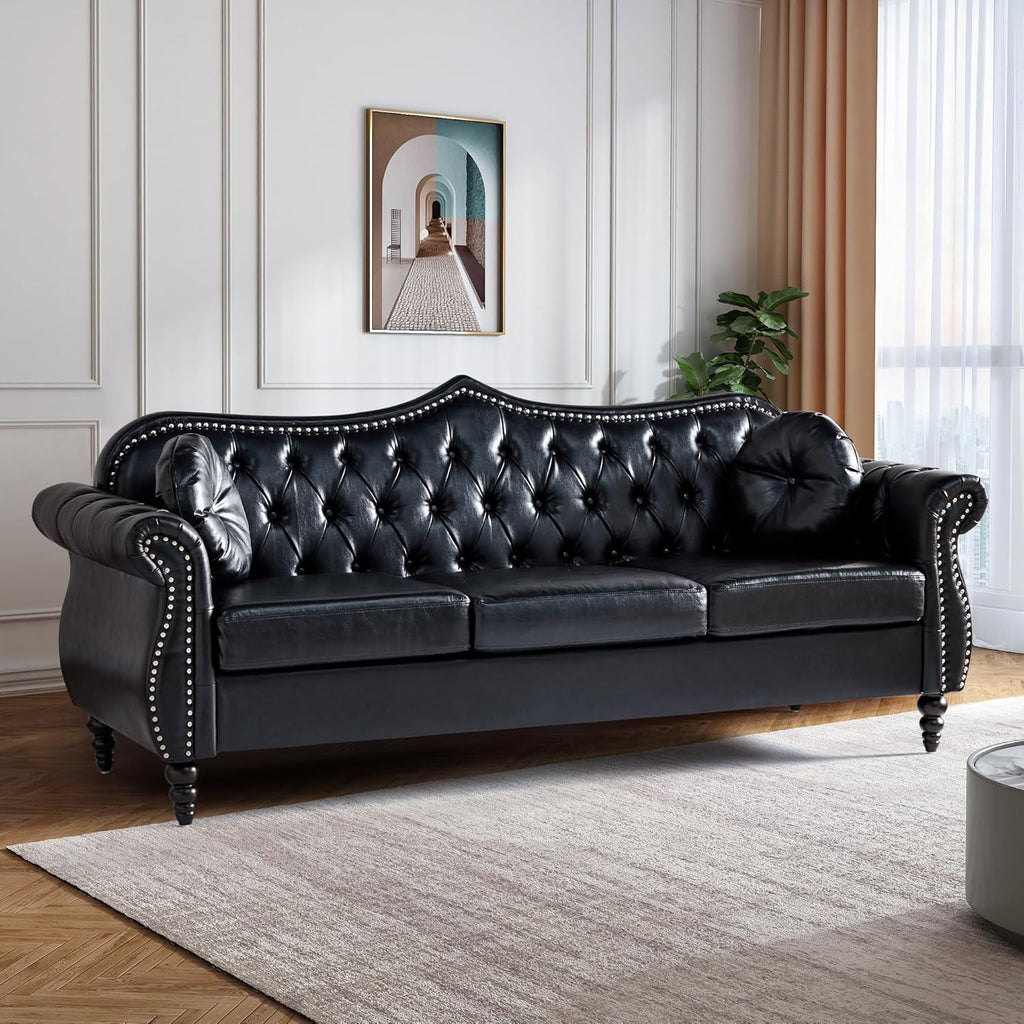 AVZEAR 82" Three Seater Leather Sofa, Chesterfield Sofa, Mid-Century Modern PU Upholstered Sofa Couch, Deep Button Tufted Living Room Sofa with Two Throw Pillows, Black