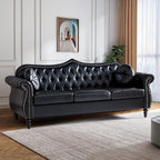 AVZEAR 82" Three Seater Leather Sofa, Chesterfield Sofa, Mid-Century Modern PU Upholstered Sofa Couch, Deep Button Tufted Living Room Sofa with Two Throw Pillows, Black