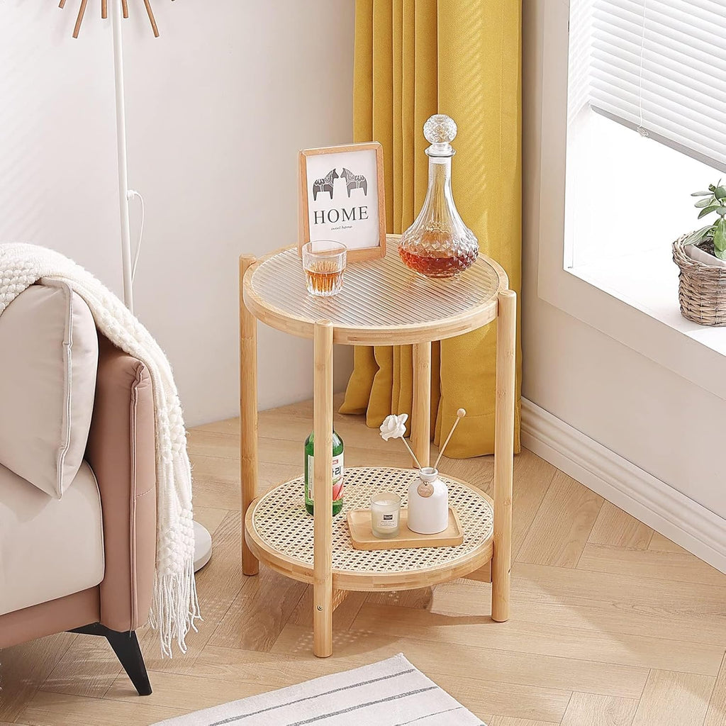 Tiita Rattan Coffee Table, Round End Table, 19.7Inch Modern Side Table, Small Bamboo Living Room Side Table, Glass Sofa End Table for Balcony and Office Outdoor/Indoor (Wood)