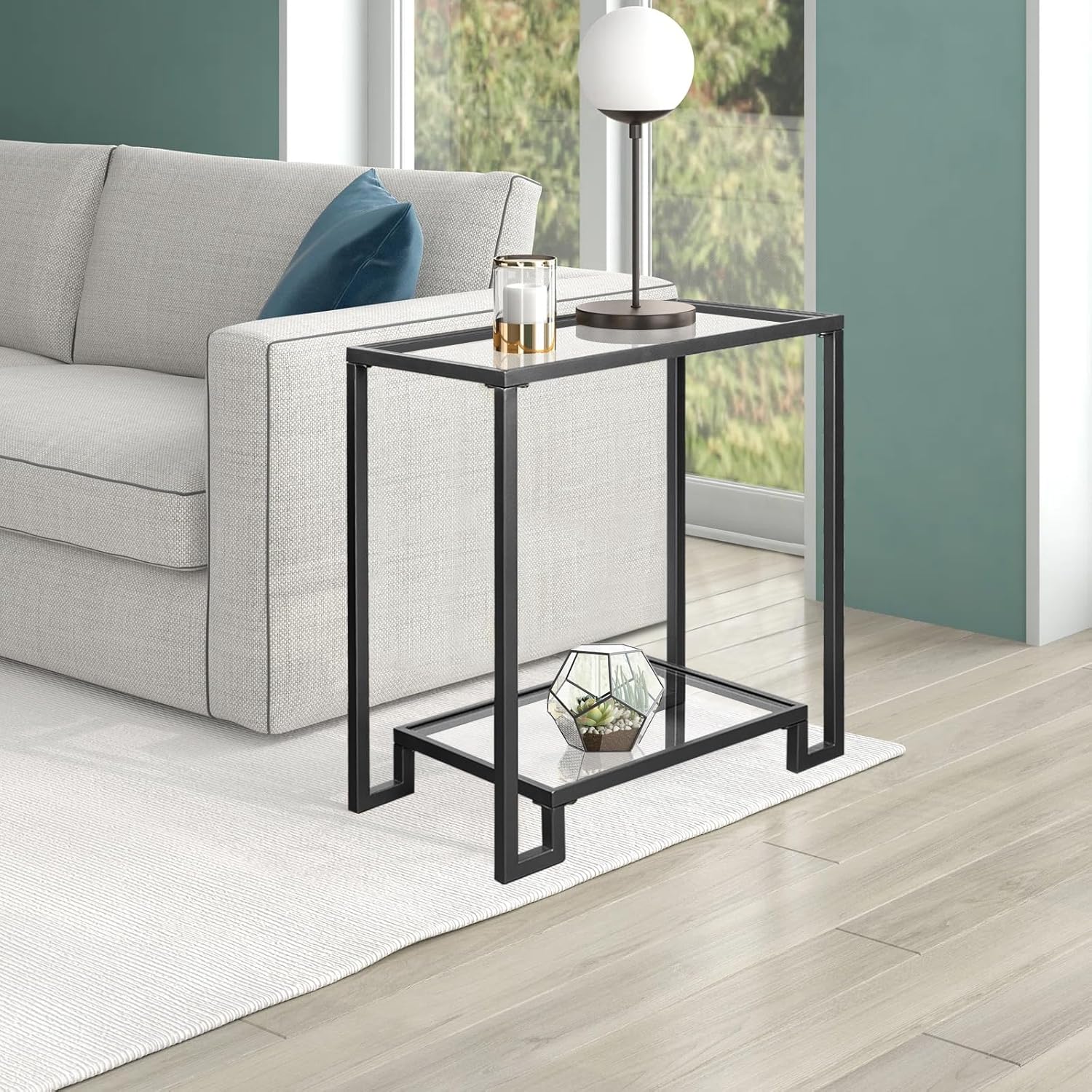 2 Tier Rectangular Side Table, Black End Table with Glass Top, Modern Metal Clear Coffee Tables，Small Accent Tables for Living Room, Bedroom, 22" x 12.4" x 24"