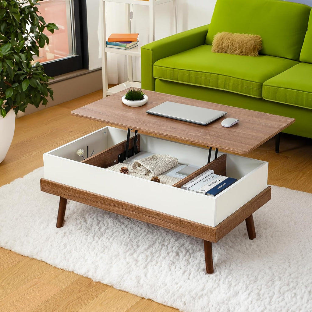 Houseables Lift Up Coffee Table, Pull Up Coffee Table, Lift Top Desk, Pull Out Tabletop, Rising, Modern Living Room Desk with Storage, to Eat, Fold Out, Adjustable, Raising, Liftup, White, Brown Wood