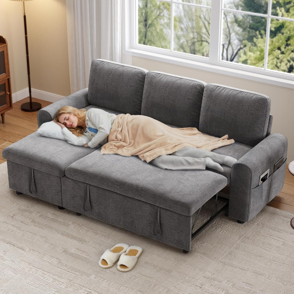 85" Sleeper Sofa, 2 in 1 Pull Out Couch Bed with Storage Chaise, Convertible L Shaped Sectional Sofa Couch with Pullout Bed & 2 Pillows, Cmofy Boucle Fabric, Grey Couches for Living Room