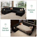 HONBAY Sectional Sleeper Sofa with Pull Out Bed, Sleeper Sectional Couch for Living Room, Sofa Bed with Storage Chaise, Velvet Black