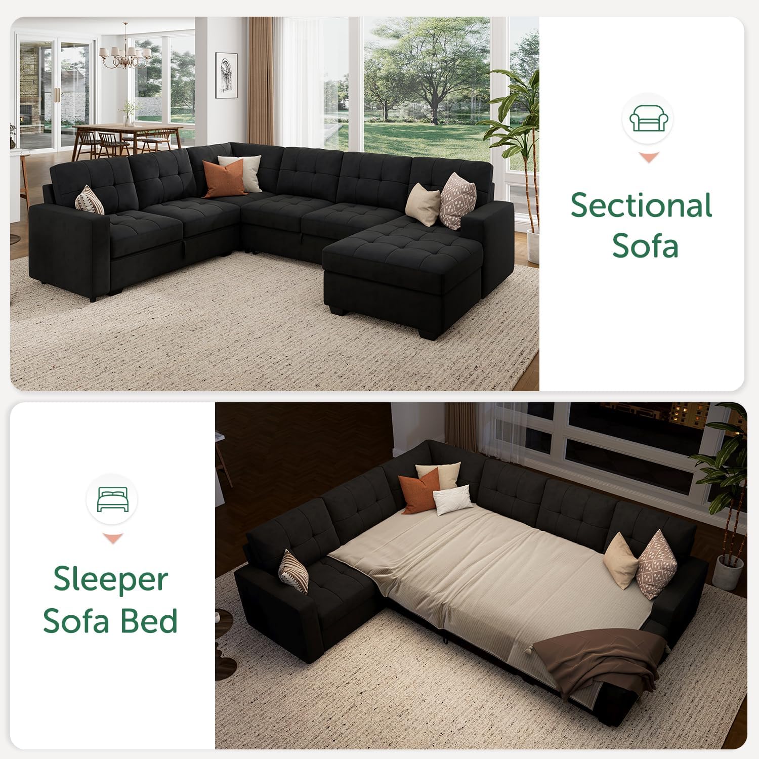 HONBAY Sectional Sleeper Sofa with Pull Out Bed, Sleeper Sectional Couch for Living Room, Sofa Bed with Storage Chaise, Velvet Black