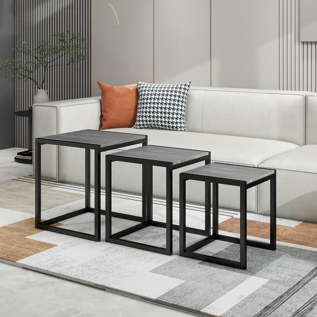 Nesting Table Set of 3 Side Tables, Modern Coffee Table Stacking End Table with Metal Frame (A-Square, Grey)