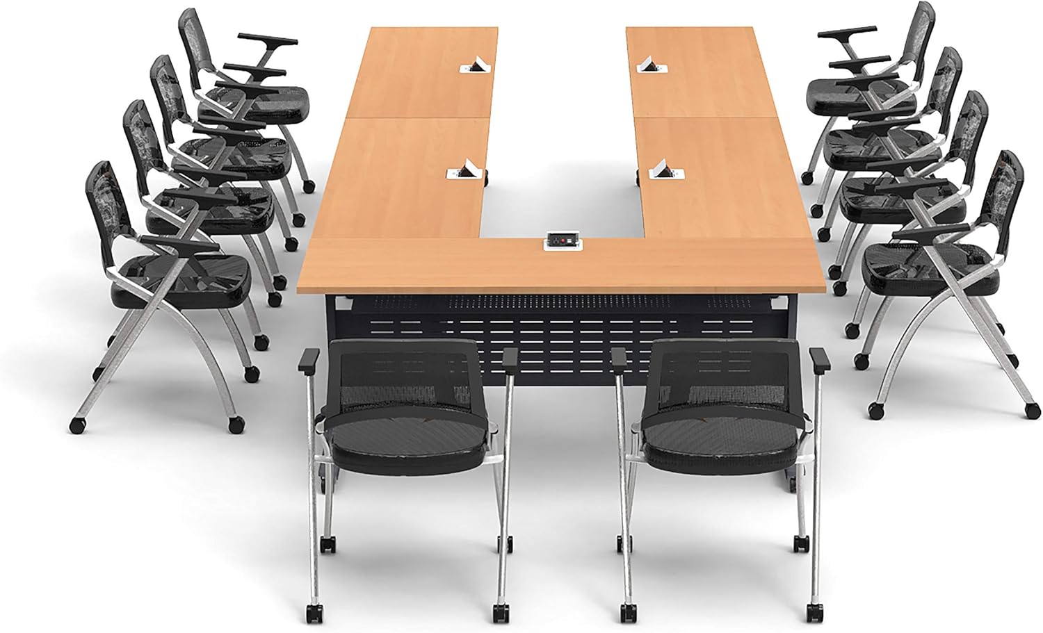10 Person Tables Training Meeting Seminar Classroom Model 5602 15pc Beech Folding Industrial Caster Z-Base. Tables Connect. Modesty Panel, Shelf, Power+USB Outlet. Fold+Nest (Seating Included).